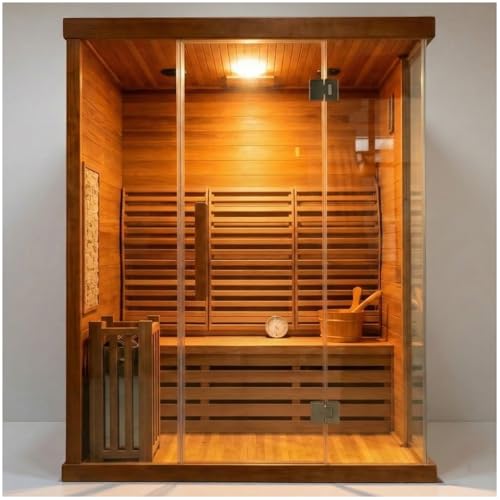 ZONEMEL 3 Person Wooden Steam Sauna Room, Traditional Red Cedar Luxurious Indoor Sona House with 6 KW Harvia Heater, Wi-Fi Controller, Bluetooth Speaker, Wooden Bucket, Scoop, Reading Light, 220V