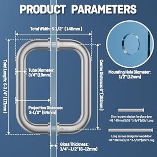 Ranbo Brushed Nickel 6" （CTC） Tubular Back-to-Back Shower Door Handle，3/4" Diameter Pull Handles with Metal Washers, for 1/4"- 1/2" Thick Glass and 1-3/8" - 2-1/6" Thick Wooden or Metal Doors