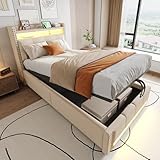 KOMHTOM Rembourré Lit Coffre avec Clairage LED et Prise USB Lit Adulte avec Rangement sous Le lit et Sommier à Lattes(sans Matelas) (Beige, 90x200cm)