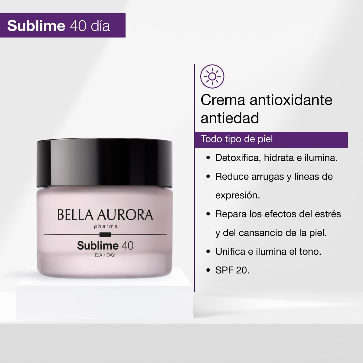 Bella Aurora Pack Sublime 40 Ritual Antiedad Día y Noche | Antioxidante y Antiestrés | Previene envejecimiento prematuro y aporta luminosidad | Crema Día SPF 20 + Noche regalo | 2x50 ml
