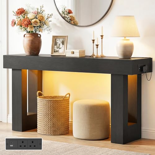 iSunirm Console Table with Outlets & Motion Sensor LED, 120cm Narrow Behind Couch Sofa Table with USB Ports, Modern Hallway Entryway Table with Storage Space for Entrance Hall, Living Room, Black