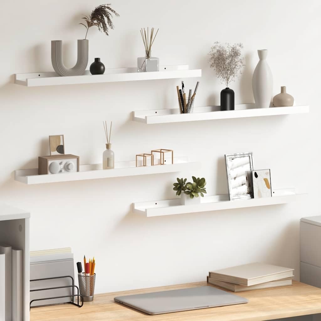 Set di 4 mensole da parete in MDF bianco lucido, 60 x 9 x 3 cm, per libri, decorazione e ordine, per soggiorno, camera da letto, cucina, ufficio