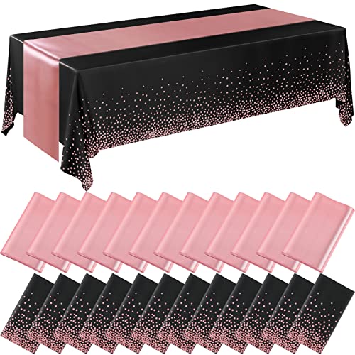 Image of Breling 24 Packs Black and Rose Breling Disposable Plastic Tablecloths and Satin Table Runner Set, 54 x 108 Inch Tablecloth, 12 x 108 Inch Table Runners for Wedding Graduation Birthday Baby Shower