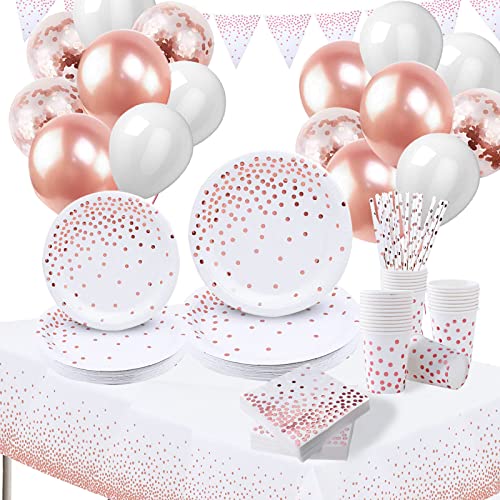 Party Tableware Rose Gold Paper Birthday Tableware Set, Paper Plates Napkins Cups Straws Tablecloth Balloons for Wedding Engagement, Baby Shower, Women Girls Birthday Party Supplies Decorations