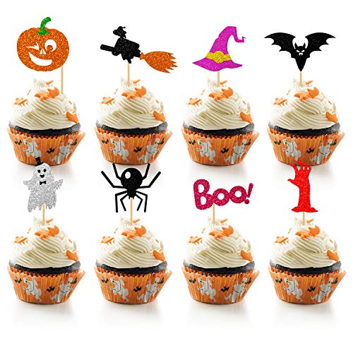 40 Pieces Happy Halloween Cupcake Toppers with Pumpkin Boo Ghost Witch Spider Hat Bat Cake Picks for Kids Halloween Themed Birthday Party Decorations