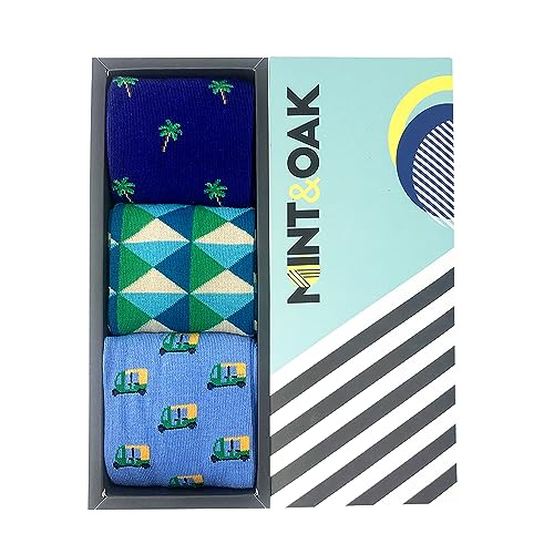 Image of Mint & Oak Printed Crew Socks For Men, Soft Cotton Calf Length Socks, Colorful Sock Gift For Men, Anti-Microbial & Odour Free, Funky Socks - Gift Box of 3