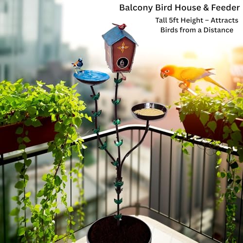 Image of 5ft Tall Large Iron Bird Feeder Stand with Bird Nest & Water Bowl, Decorative Outdoor Garden Lawn Bird House Feeding Station for Sparrows