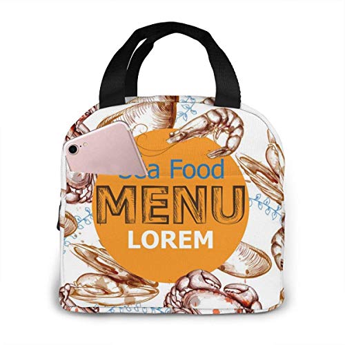 Plantilla de tarjeta de menú FZDB Mejillones de cangrejo Mariscos Reutilizables Aislados Térmicos Bolsa de almuerzo Estuche Bolsos Tote con cremallera para adultos Niños Enfermera Maestra Trabajo Pic