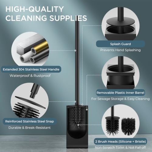 Image of FORIOUS Stainless Steel Toilet Bowl Brush Scrubber and Holder Set Short | Black, Extended Handle, Removable Inner Bowl, Stable Splash Guard, Steel Joint, Scratch‑Resistant Bristles, for Bathroom RV