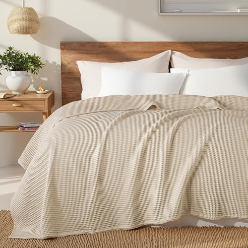 Exclusivo Mezcla 100% Cotton Muslin Gauze Waffle Weave Blanket Double Size, Soft Lightweight and Breathable Knit Blanket for Dorm, Home Décor, All Season, 150x200 CM, Khaki