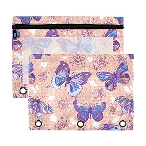 Estuche para lápices de 3 anillos con diseño de mariposas rosas y flores, paquete de 2 estuches de plástico transparente impermeable con cremallera, bolsa de cosméticos, organizador de documentos de