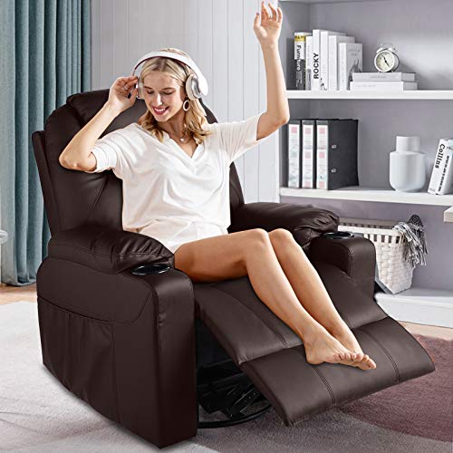 MAGIC UNION Modern PU Leather Massage Recliner Chair Rocking and 360°Swivel Heated Ergonomic Living Room Lounge Chair Single Sofa with 2 Cup Holders and Side Pockets Wireless Remote Control