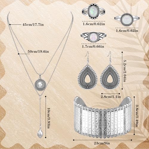 Image of Ecally Bohemian Western Jewelry Turquoise Set Women Country Pendant Long Choker Layered Bracelets Earrings Ring for Women