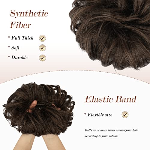 Feshfen Messy Bun Hair Piece Hair Bun Scrunchies Synthetic Wavy Chignon Ponytail Hair Extensions Thick Updo Hairpieces For Women Girls 1Pcs, Dark Brown & Light Auburn Mixed #TOP3