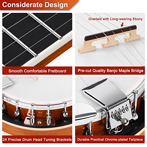 Vangoa Banjo 5 String Full Size Beginner Kit Remo Head Mahogany Resonator Banjo Closed Back with Premium Bag for Adults Teens Starters