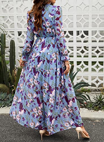 Blencot Women's Casual Boho Floral Printed Deep V Neck Loose Long Sleeve Long Evening Dress Ruched Cocktail Party Maxi Wedding Dress Blue Large #TOP6
