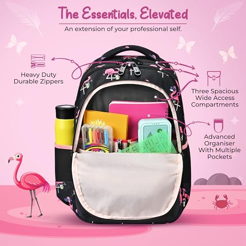 Image of Gear Flamingo 17 inch /27L Large Water Resistant School Bag | Casual Backpack | Daypack | Travel Backpack | Kids Bag for Boys /Girls (Black - Pink)