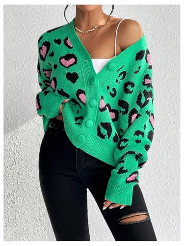 Image of MakeMeChic Women's Leopard Cardigan Sweaters V Neck Button Down Long Sleeve Y2K Cardigan