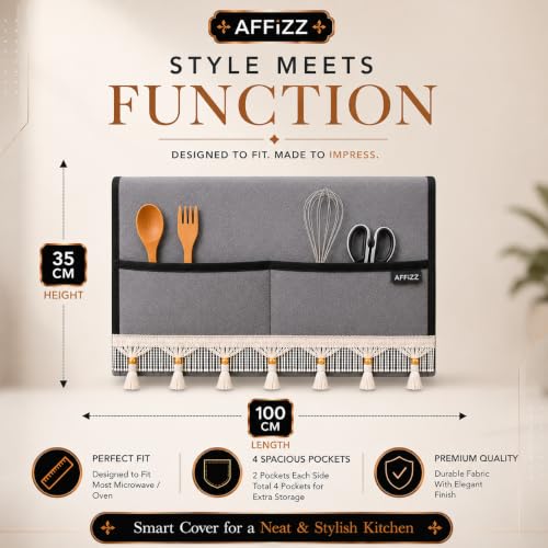 Image of Microwave Cover Top with Tassel Lace | Waterproof, Dustproof & Washable Microwave Oven Cover for Kitchen, 4 Side Storage Pockets, Durable Polyester Fabric, Dark Grey, (100 x 35 cm)