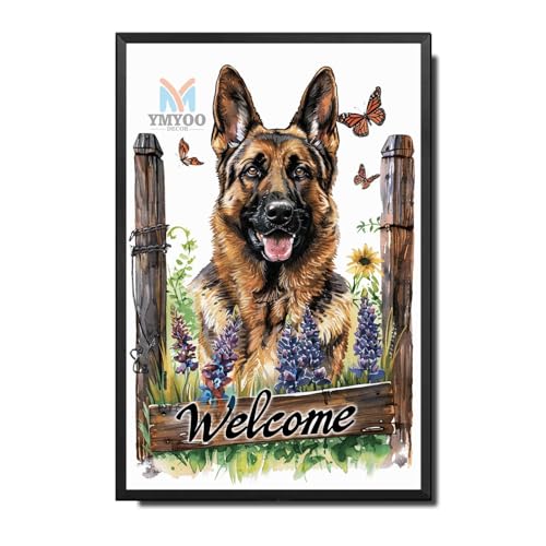 Ymyoo Decorative Tin Sign Strong German Shepherd Welcome with German Iris for Home Entries German Shepherd Enthusiast Areas Easy Install Corrosion Resistant Aluminum 6×8 Inches with Metal Frame