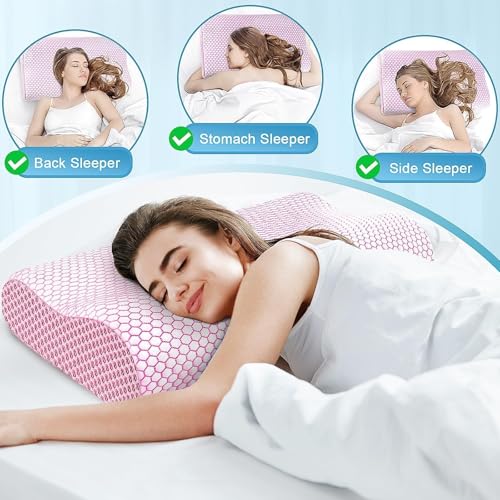 Image of CloudBliss Memory Foam Pillow, Ergonomic Neck Contour Cervical Pillow for Back and Shoulder Pain, Orthopedic Pillow for Neck Pain Relief, for Sleeping Side, Back, Stomach Sleepers - Pink, Standard