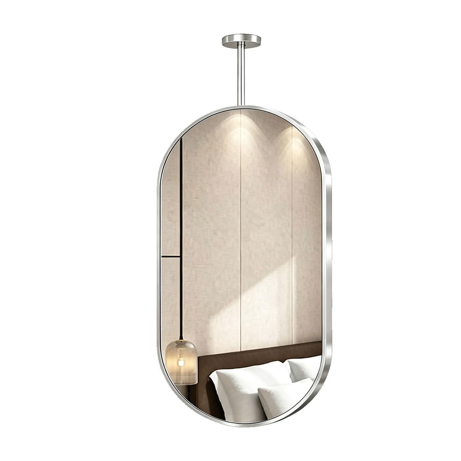 Miroir ovale moderne à tige suspendue, salle de bains monté au plafond | Miroir monté au plafond avec cadre et flèche en acier inoxydable brossé,pour salle d'eau,chambre à coucher(Silver,40cmx70cm)