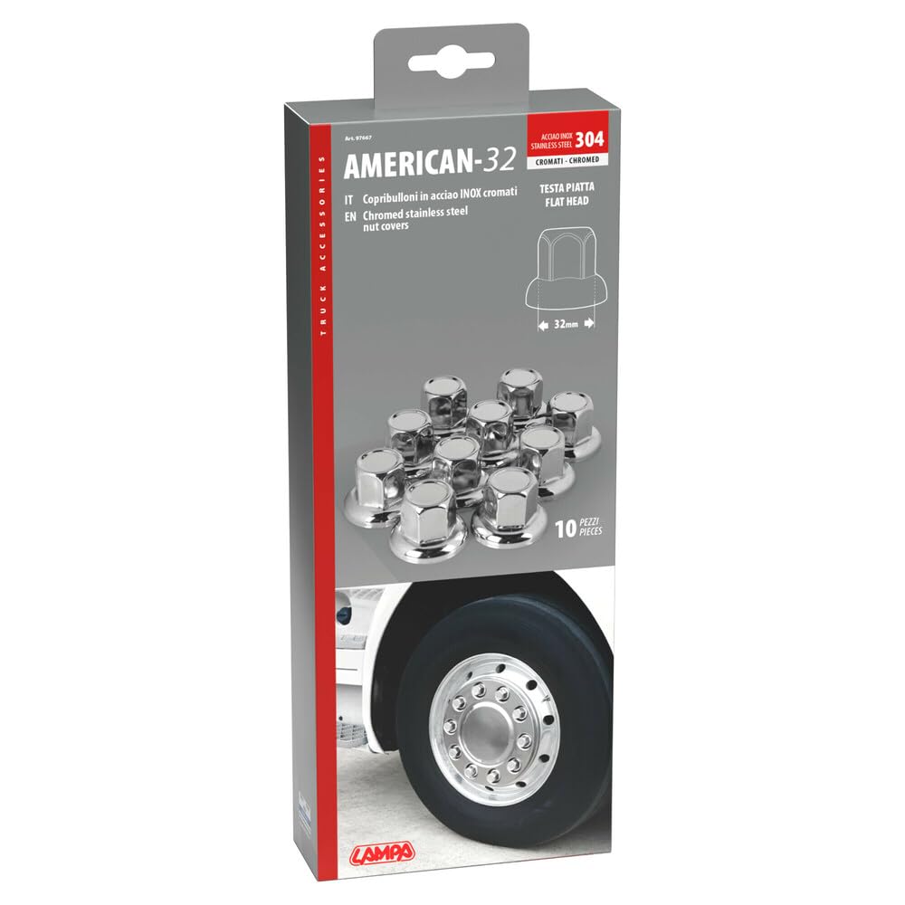 Lampa 97667 American, Set 10 copribulloni per Camion Testa Piatta in Acciaio Inox - Ø 32 mm - Cromo