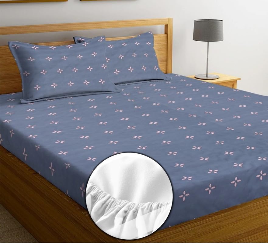 NEW LEAF Premium Cotton 210 Tc Elastic Fitted Bedsheets With 2 Pillow Covers|Double/King Bed With All Around Elastic Wrinklefree Supersoft Breathable|Size-78 X72+8 Inches|Star Print,Grey