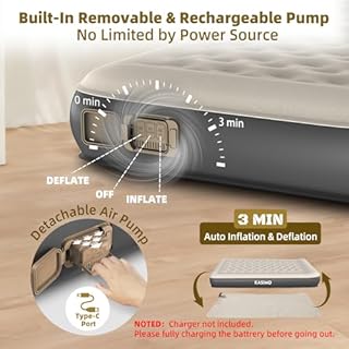 KASIMO Air Mattress Queen with Built-in Battery Powered Removable Pump, TPU Blow Up Mattress with Pillow, Strong Support All Night, No Lost Air,Compact Inflatable Air Bed for Home Guests Camping
