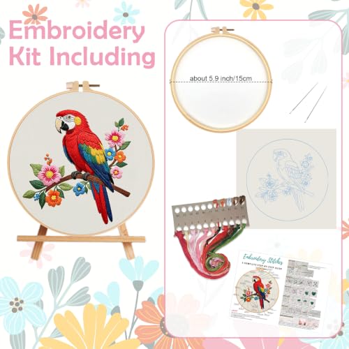 Image of Nuberlic Parrot Embroidery Kit for Beginners, Animal Cross Stitch Kit | Includes Printed Fabric, Hoop, Threads, Needles And Guide; Colorful Parrot Design For DIY Wall Decor, Gifts And Relaxing Art