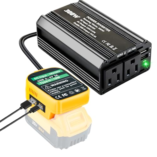 Image of 300W Power Inverter Compatible with Dewalt, DC 20V to AC 110-120V Battery Inverter, Portable Battery Adapter Charger Converter with 3 USB & 1 Type-C & 2 AC Outlet for Outdoor,Emergency(Tool Only)