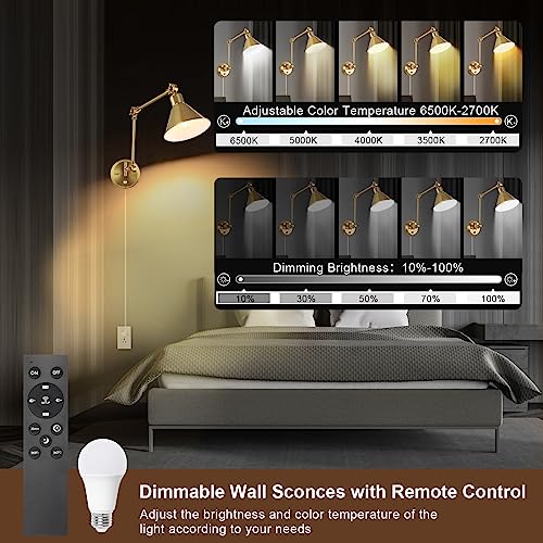 Image of TRLIFE Wall Sconce with Remote Control, Brushed Brass Plug in Wall Sconces Dimmable and Adjustable Color Temperature 2700K-6000K, Swing Arm Wall Lights with Plug in Cord, UL Listed(2 Pack, 2 Bulbs)