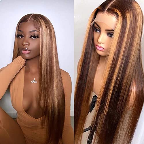 Highlight P4/27 Colored Lace Front Wigs Straight Human Hair Pre Plucked with Baby Hair 13x4 Brazilian Honey Blonde Lace Frontal Wigs for Women 16 Inch
