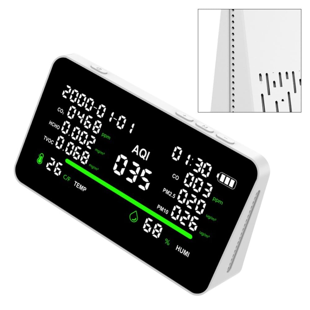 Monitor de calidad del aire interior 11 en 1 con pantalla de 7 pulgadas para sensor de humedad de temperatura CO2 PM2.5 PM10 HCHO TVOC, batería USB-C de 850 mAh