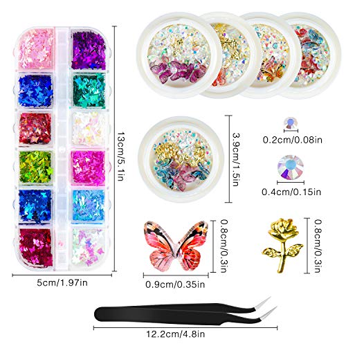 Selftek 3D Nail Art Resin Butterfly With Nail Rhinestones And Metal Rivets,12Color 3D Holographic Butterfly Nail Glitter With 1Pc Tweezer For Nail Art Decoration & Diy Crafting #TOP1