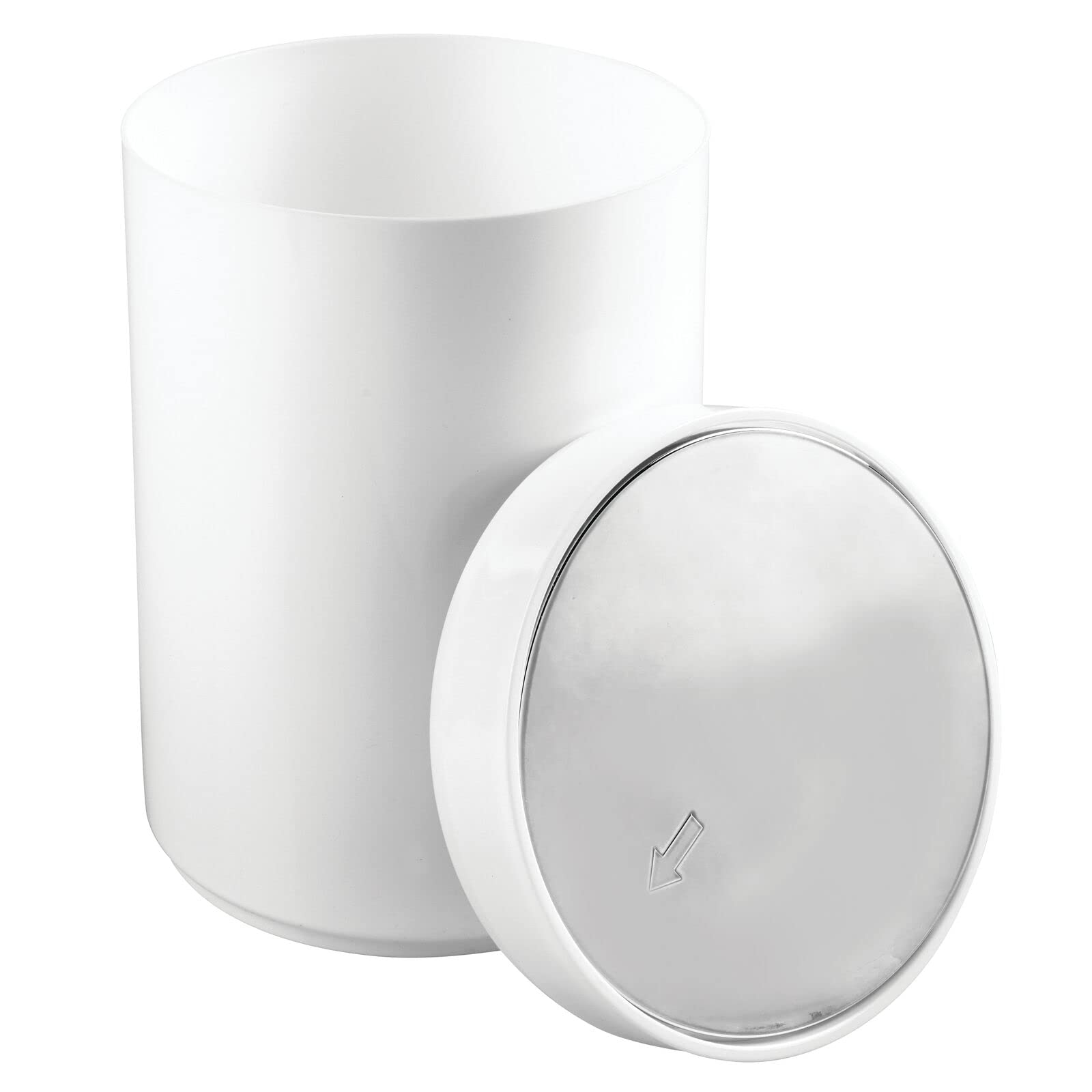 mDesign Small Round Plastic Trash Can Wastebasket, Garbage Container Bin with Swing Top Lid - for Bathrooms, Kitchens, Home Offices - 1.3 Gallon/5 Liter - White/Chrome