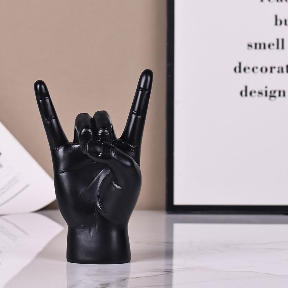QIANLING 7.7" Black Resin Rock On Hand Gesture Statue - Rock Culture Music Lovers' Decorative Tabletop Sculpture for Bookshelf, Desk & Mantel Decor in Home or Office, Modern Symbolic Figurine - Image 5