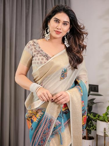 Image of ALMAARI FASHION Handloom Cotton Saree, Beige and Turquoise with Traditional Prints, Silver Zari Border, 5.5 Metre with Blouse Piece