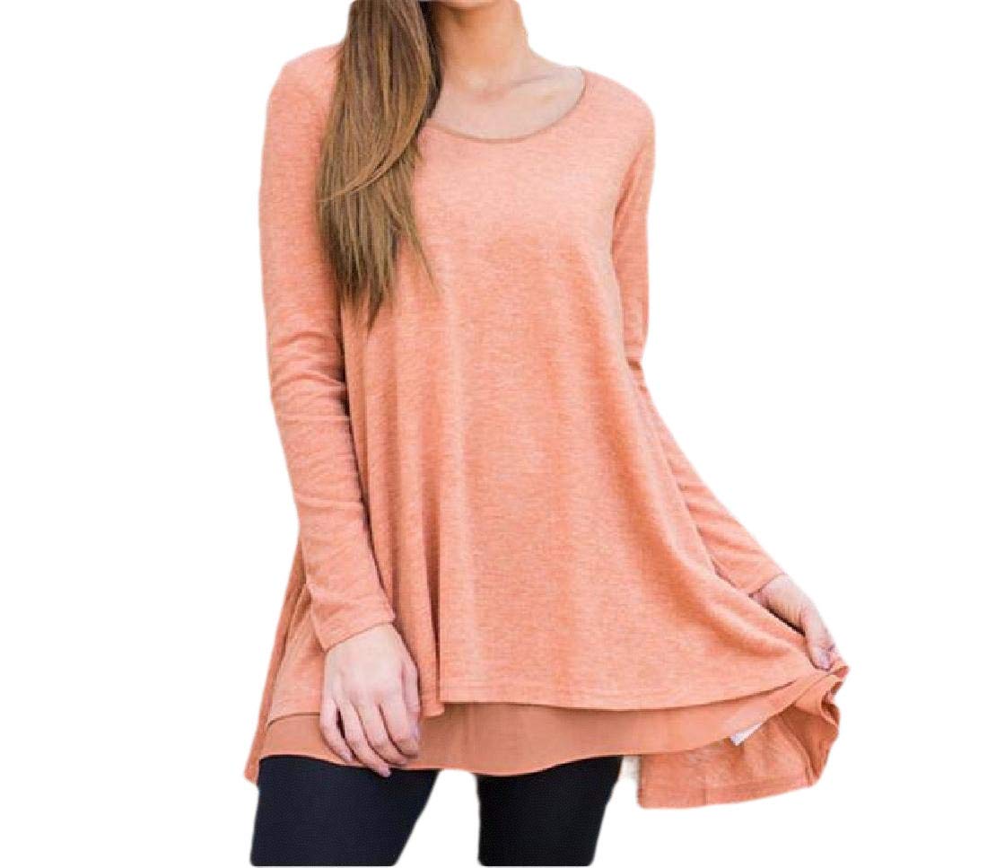 desolateness Women's Round Neck Solid Color Tunic Fashion Pleated Hem Long Sleeve Pullover Sweatshirt