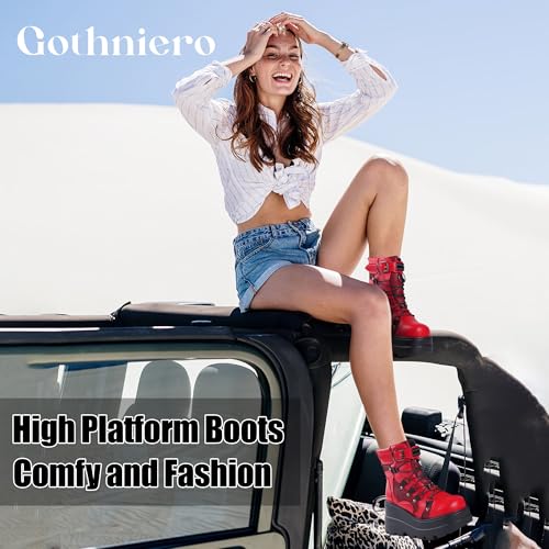 Image of Gothniero Platform Goth Ankle Boots for Womem Black Holographic Combat Chunky Heel Boots with Side Zip Lace Up Wedge Booties US5.5-11