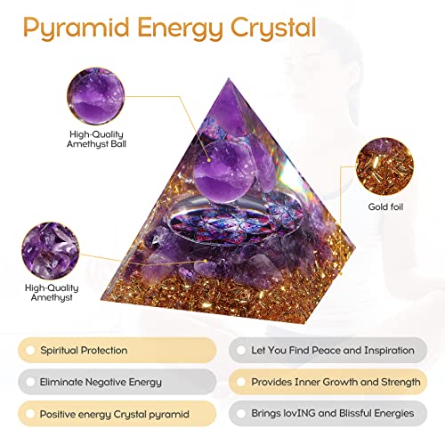 Hopeseed Orgone Pyramid Orgonite Amethyst Healing Crystal Pyramid Positive Energy Generator for Reduce Stress Reiki Chakra Healing Meditation Attract Lucky, with 2 White Crystal Stones - Image 4