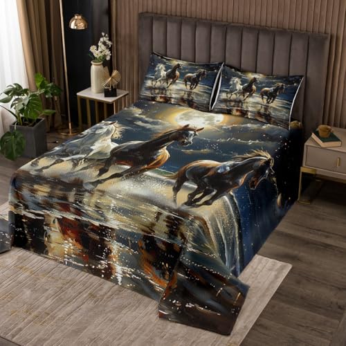 Brown White Horse Coverlet Set Queen Size,Sea Beach Moonlight Galaxy Durable Bedspread for Girls Teens,Wild Animal Oil Painting Soft Polyester Quilt Set, with 2 Pillowcases