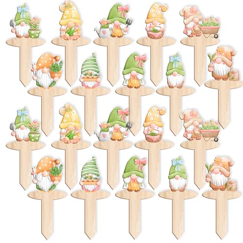 20pcs Garden Markers - Wooden Plant Labels with Funny Gnome Designs for Flowers & Vegetables