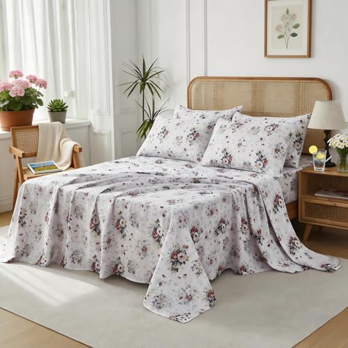 Image of FADFAY Breathable Double Gauze Cotton Sheets Set - Pistachio White Floral Cottagecore Bed Set, Ultra Soft Lightweight 100% Cotton Gauze Bedding, Summer Cooling Bed Set with Pillowcases
