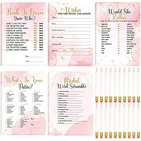 200 Pieces Bridal Shower Games Cards Bridal Shower Games Supplies Including Wedding Cards and 20 Pcs Pencils for Bride and Groom Supplies Bachelorette Party Wedding Shower Party Favor (Pink and Gold) Cover