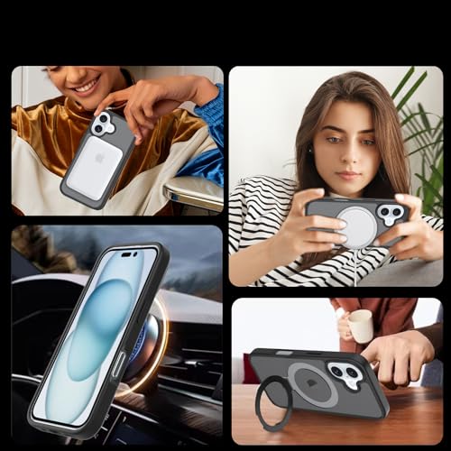 Image of Magnetic iPhone 16 case,Compatible with Magsafe, Military-Grade Protection,Slim Translucent Matte Shockproof with Anti-Scratch Anti-Fingerprint Phone Cover (Black Bracket, iPhone 16)