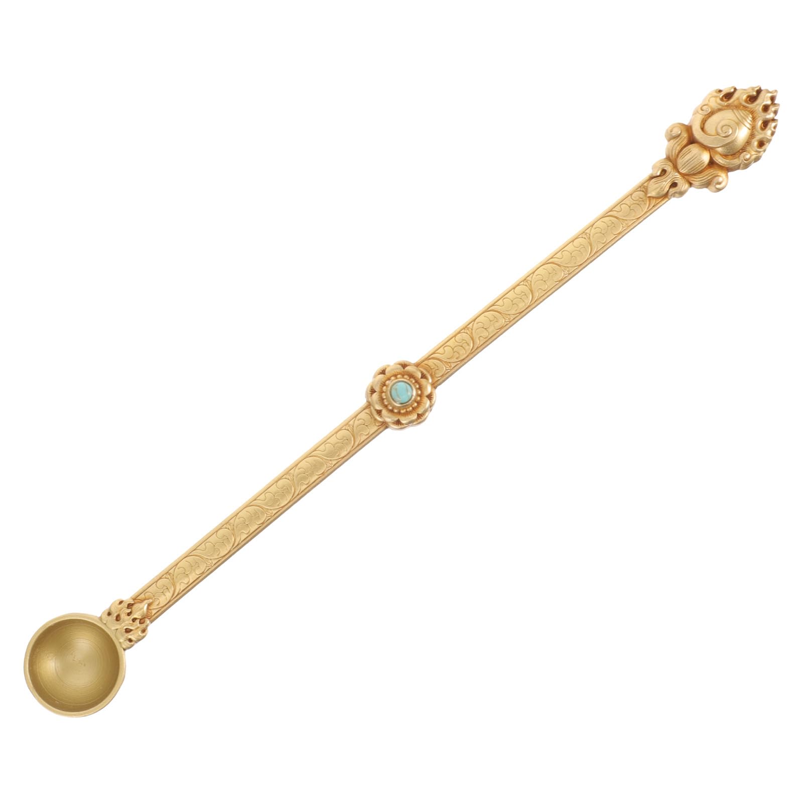 Cuchara Diseño Étnico de Latón Dorado Tibetana para Verter Ghee Tallado Intrincadamente para Rituales y Uso Antiguo