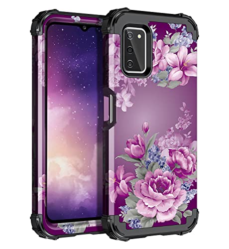 LONTECT for Galaxy A03S Case Floral Shockproof Rugged Heavy Duty 3 in 1 Hybrid Sturdy High Impact Protective Cover Case for Samsung Galaxy A03S 6.5 inch,Purple Flower/Black