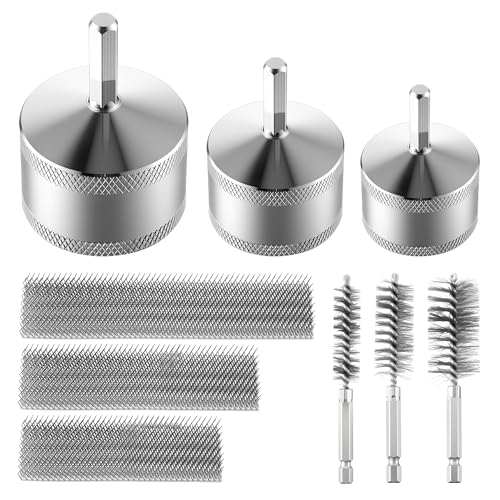 1/2"&3/4"&1" Copper Pipe Cleaner for Drill with 1/4" Hex Shank & Brush Blades & Metal Pipe Cleaning Brush, Tube Thread Cleaner, Plumbing Tools for Plumber Removing Rust, HVAC Stain Removal(3 Piece)