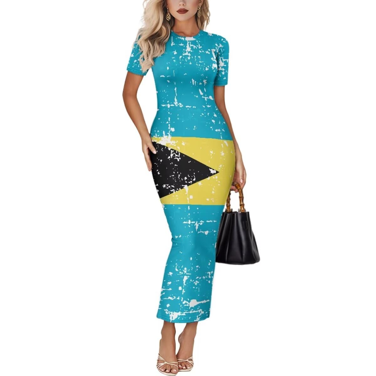 Womens Short Sleeve Jamaican Flag Midi Bodycon Dress